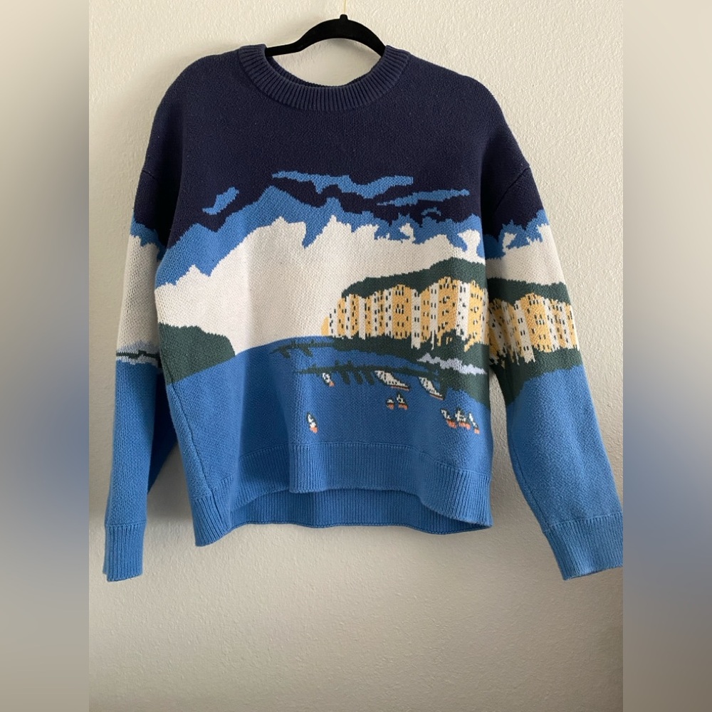 Abercrombie Fitch Sweater Men’s Coastal Scene Print Blue Preppy